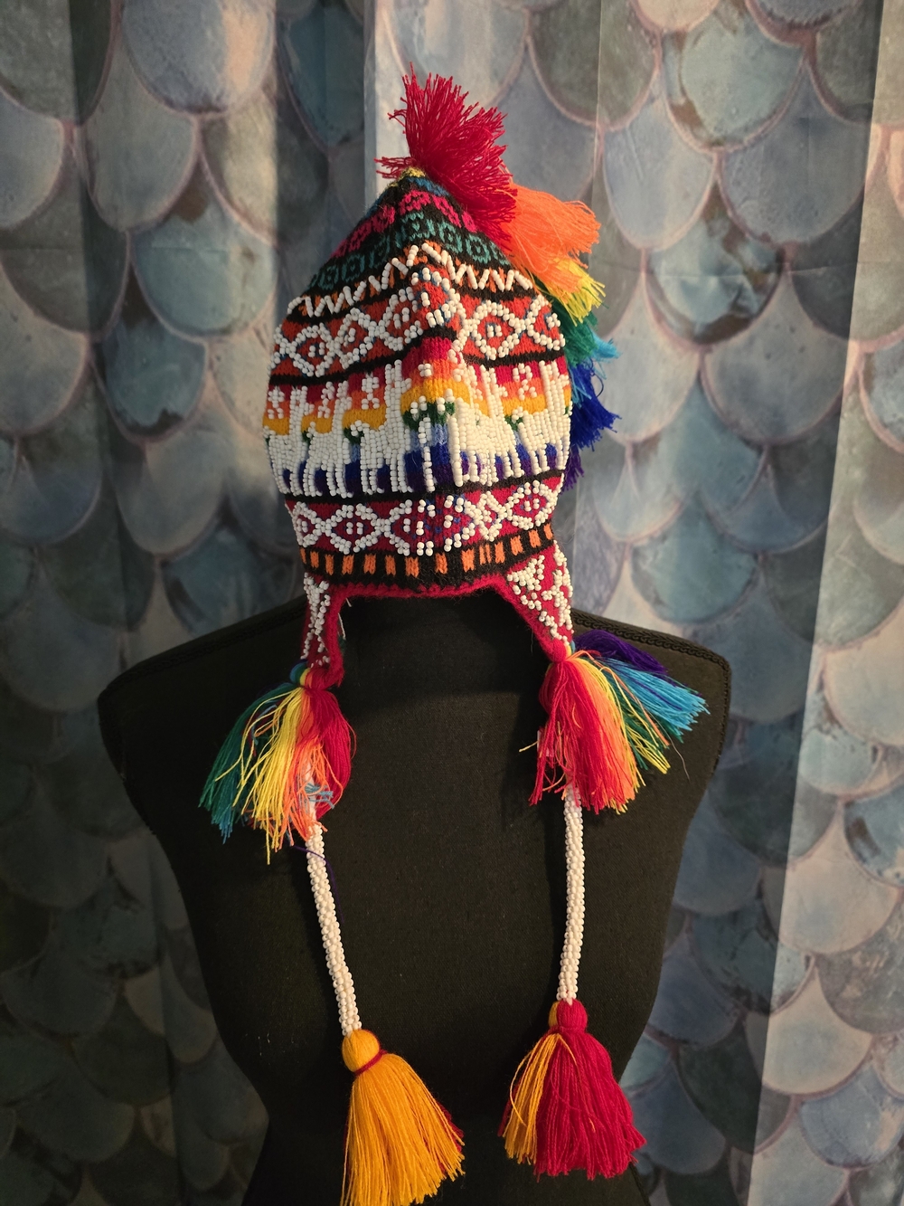 Beaded Llama Rainbow Pom-Pom Earflap Hat - Multicolor